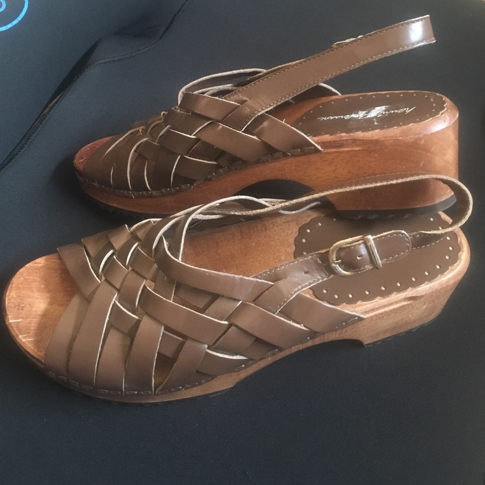 Wooden platform leather sandal clogs Sz 41